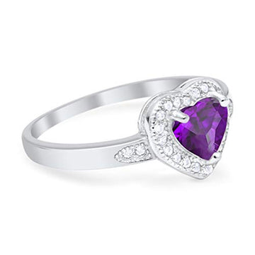 Halo Heart Promise Ring Round Simulated Amethyst CZ 925 Sterling Silver